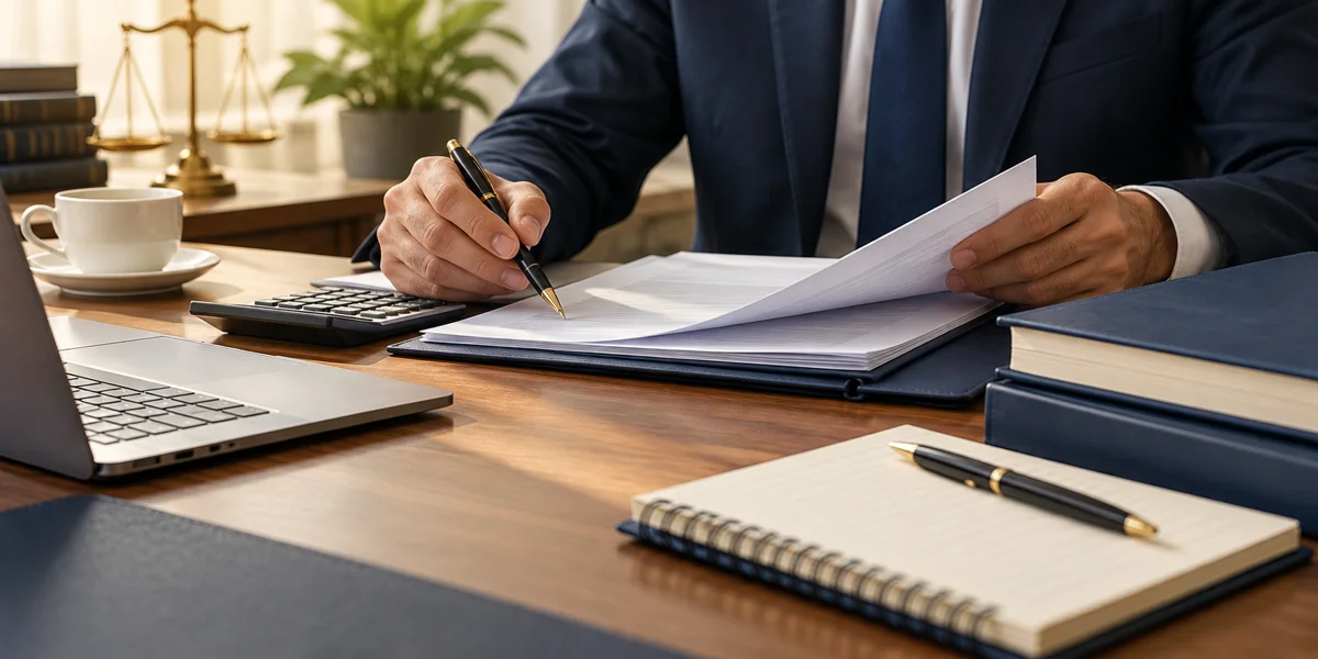 Corporate And Tax Document Review Illustrative corporate and tax document review with a calculator and business records