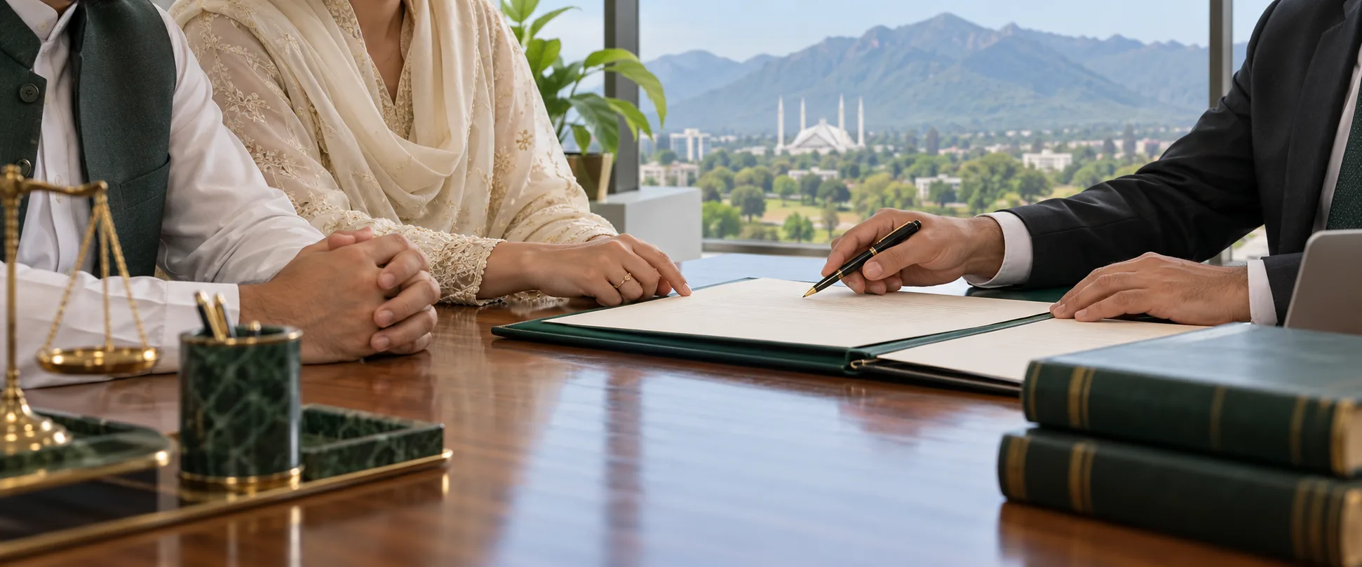 Court Marriage Consultation In Islamabad And Rawalpindi Adult couple reviewing blank Nikah documents at a consultation desk with Margalla Hills in the background