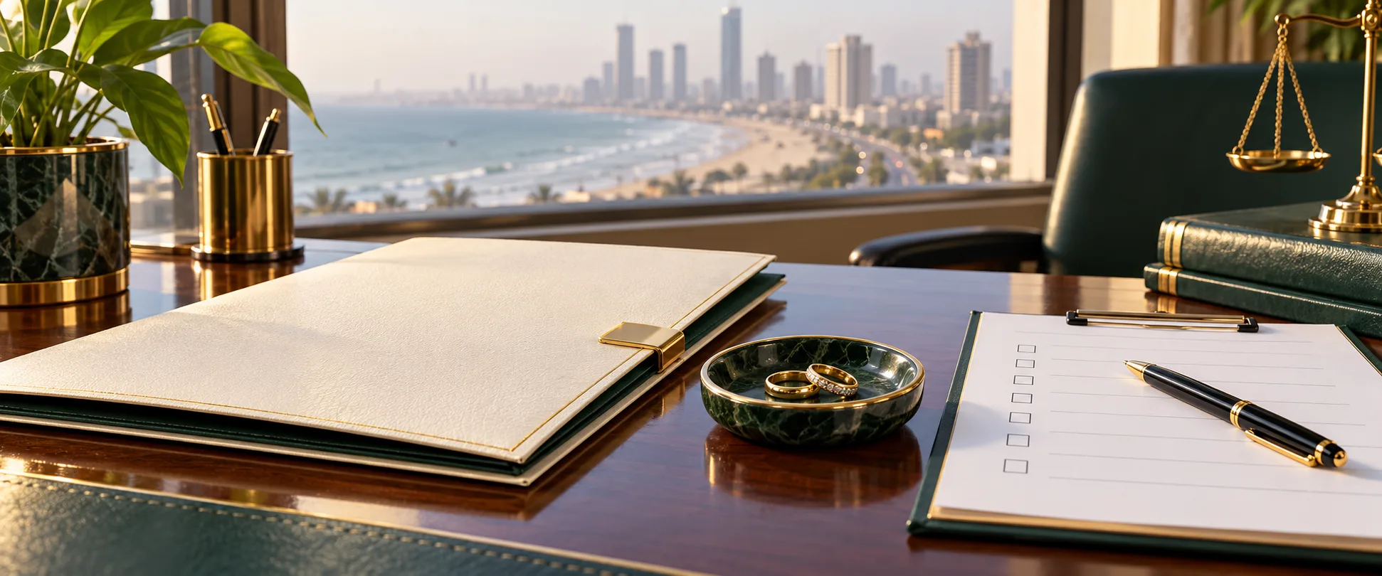 NADRA Marriage Certificate Assistance In Karachi Ivory document folder, wedding rings and registration checklist illustrating marriage certificate assistance in Karachi