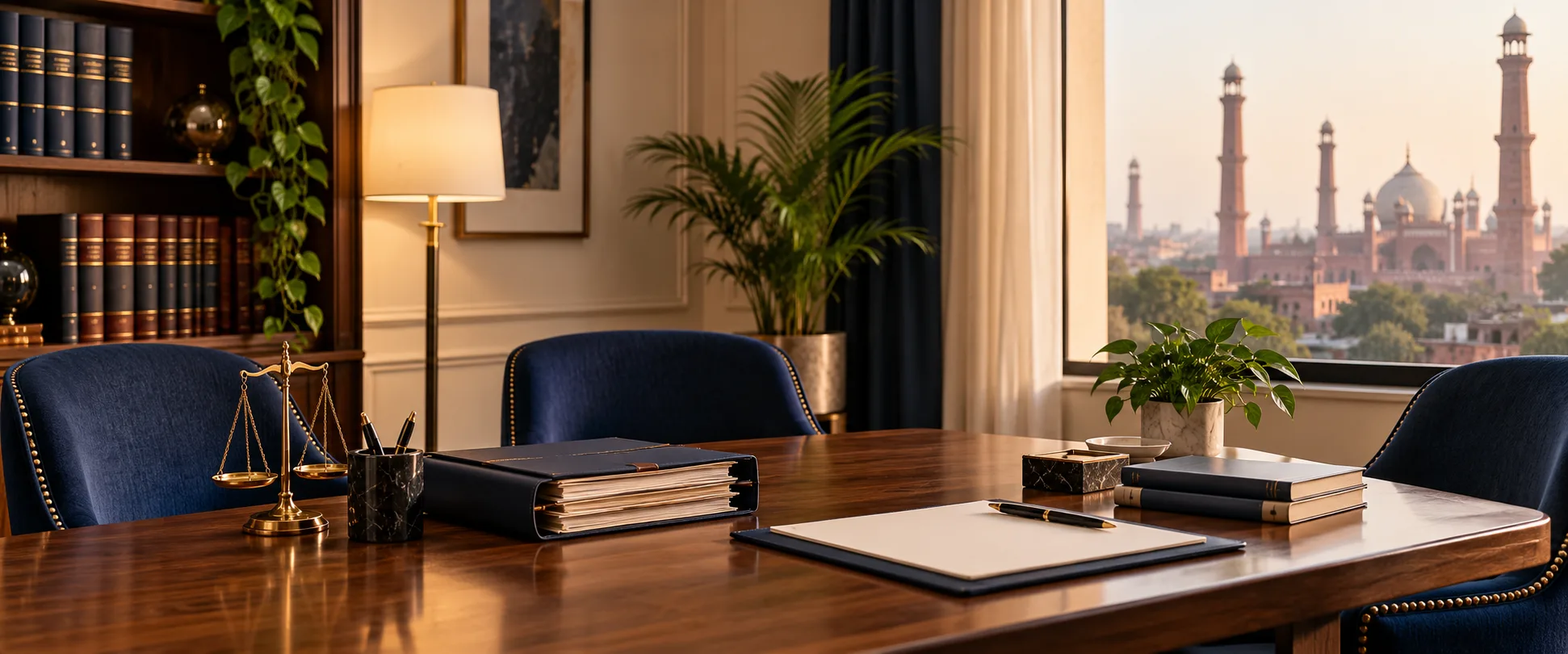 Family Lawyers In Lahore — Private Case Consultation Private legal meeting room with a family case folder and three chairs illustrating family lawyers consultation in Lahore