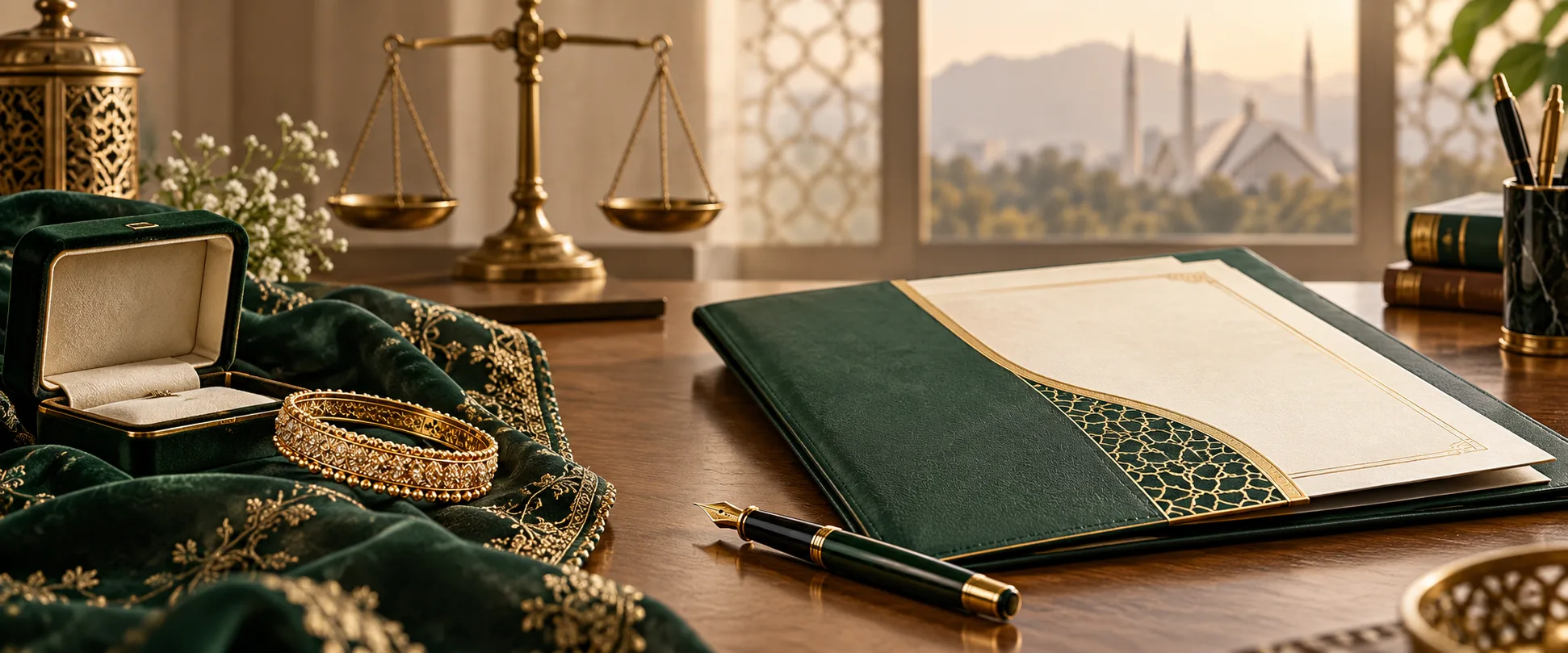 Mahr Contract Review And Dower Advice Illustration of a dower contract folder, gold bracelet and fountain pen for Mahr legal advice