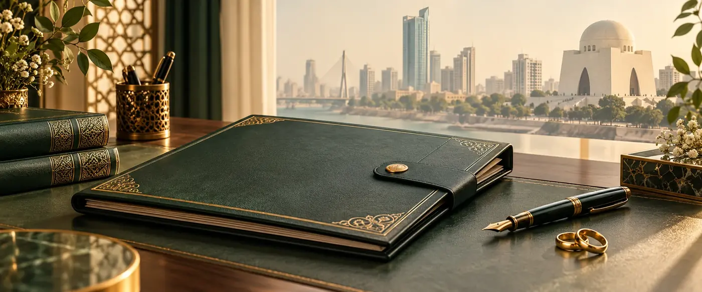 Nikah Khawan And Registration Assistance Marriage document folder, wedding rings and pen illustrating Nikah Khawan services in Karachi