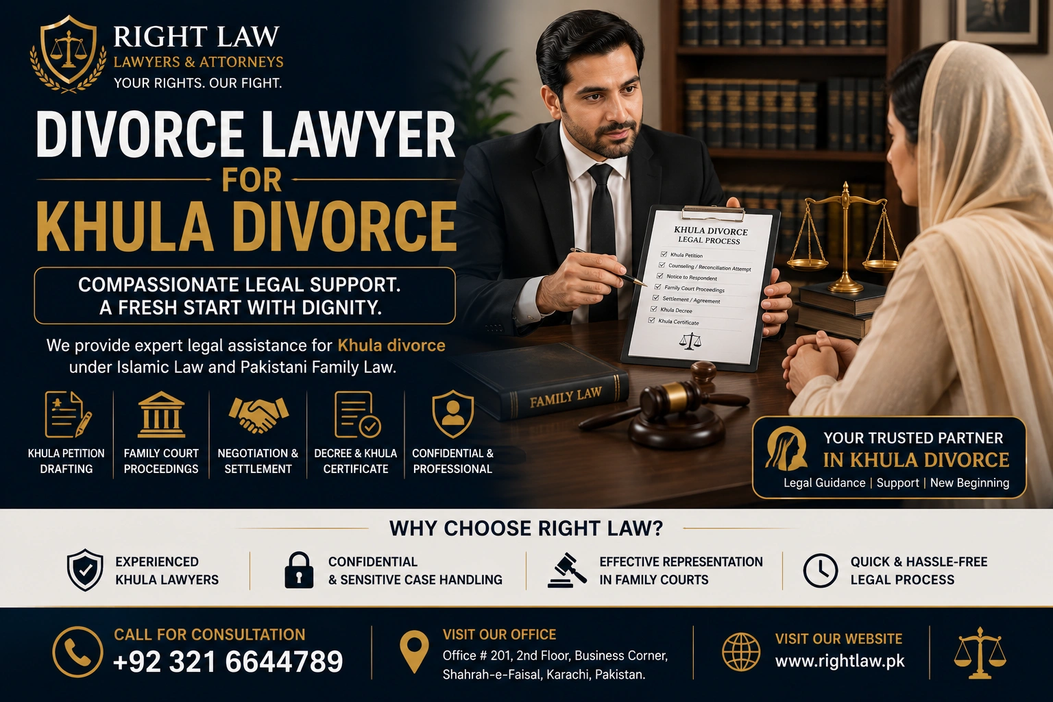 Divorce Lawyer | No. 1 Divorce Lawyer | Divorce Lawyer’s Qualities 1 Khula divorce lawyer in Karachi advising a woman about Family Court proceedings and legal representation
